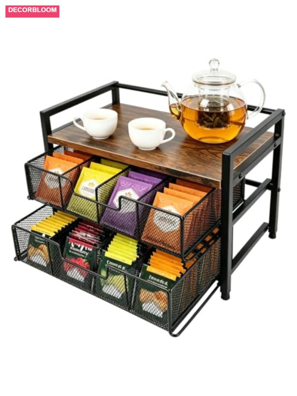 Tea Bag Organizer Double Drawer 16 Compartment Wood Metal Tea Storage Box